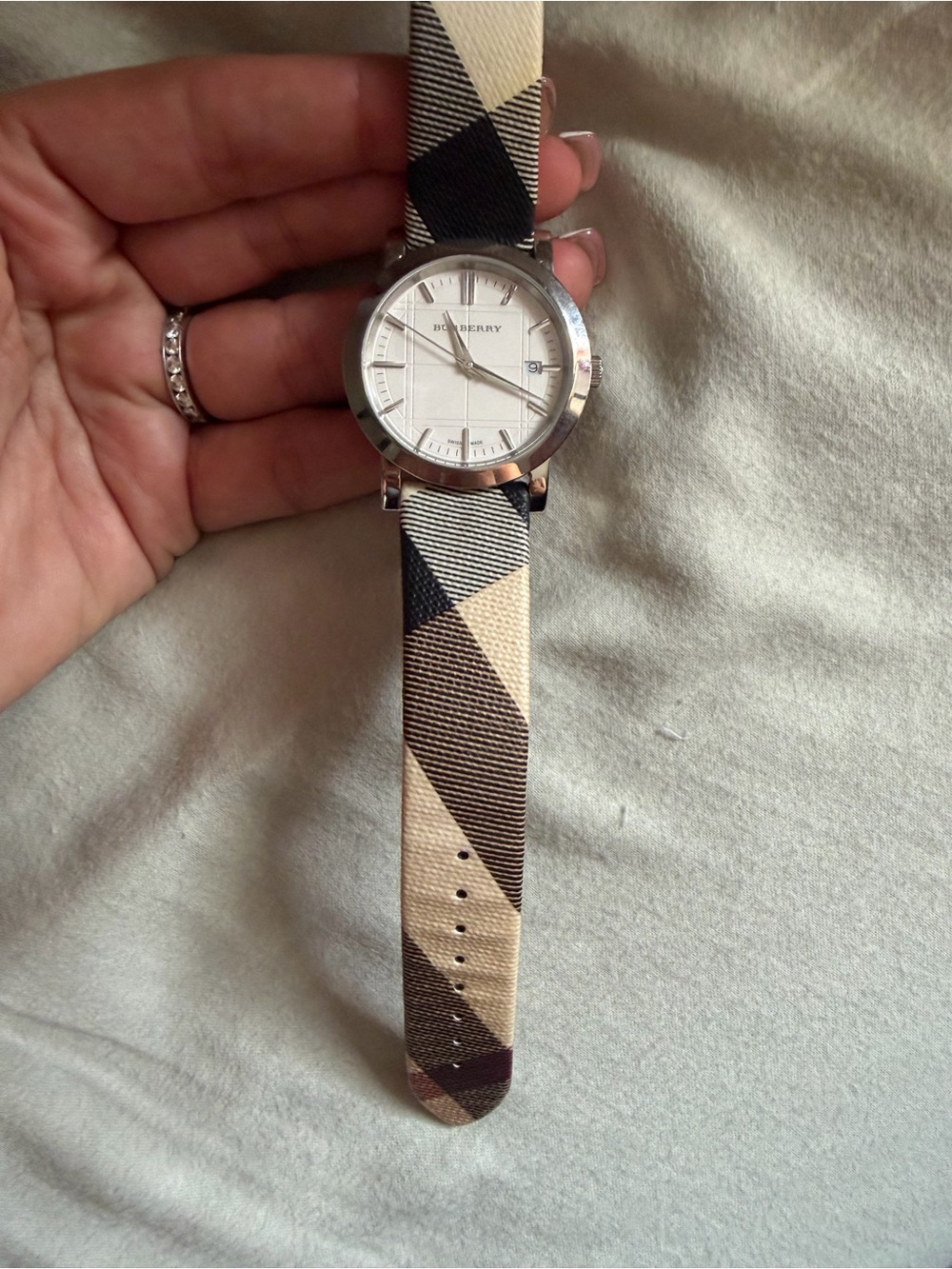 Burberry Plaid Strap Silver-Tone Watch - Beige, Black & Brown